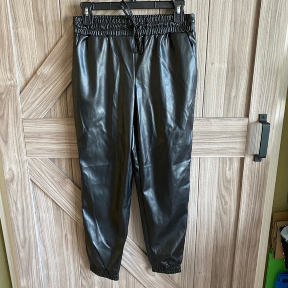 C by One black faux leather joggers